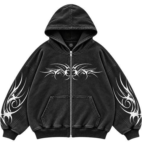 Metal Washed Zip Hoodie - Black - Front
