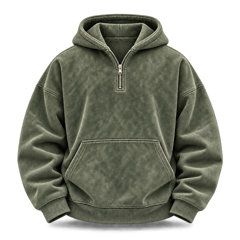 Army Green Washed Half-Zip Oversized Hoodie front view