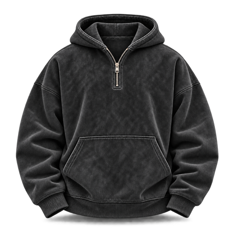 Black Washed Half-Zip Oversized Hoodie front view