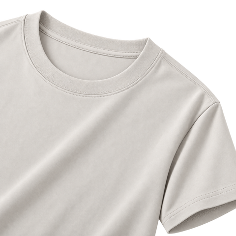 Relaxed Cotton Essential Tee in Beige, angled collar shoulder and sleeve close-up