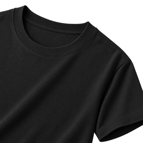 Relaxed Cotton Essential Tee in Black, angled collar shoulder and sleeve close-up on transparent background