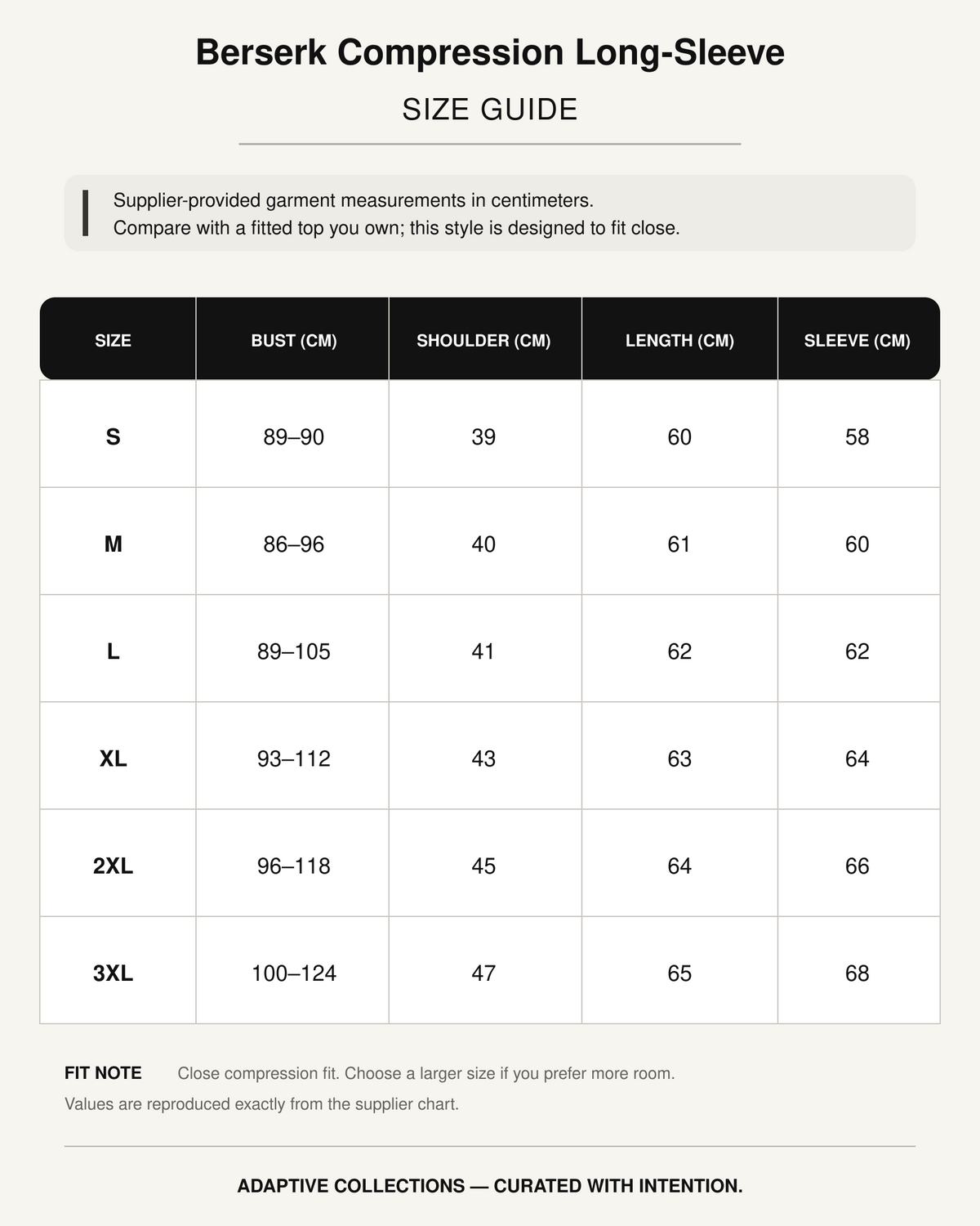 Berserk Compression Long-Sleeve supplier size guide in centimeters