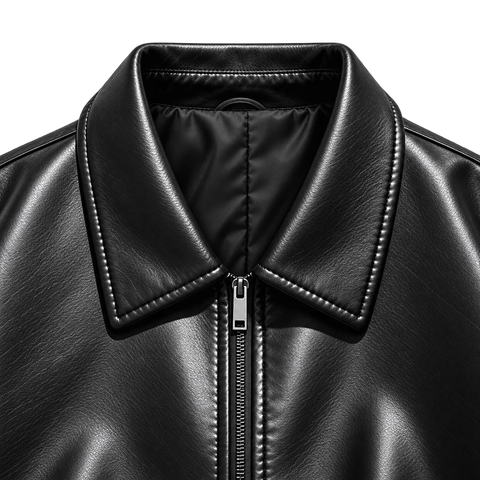 Black Faux-Leather Zip Jacket collar and zipper detail