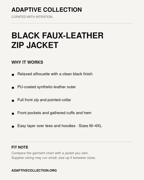 Black Faux-Leather Zip Jacket product details and fit card