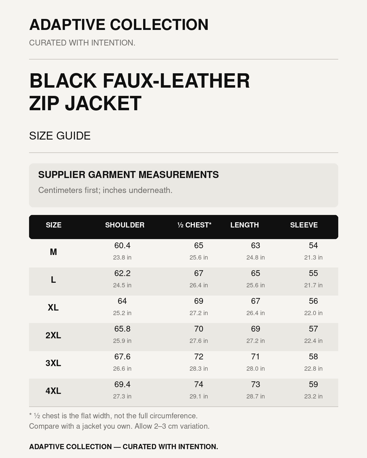 Black Faux-Leather Zip Jacket size guide with supplier garment measurements, M–4XL