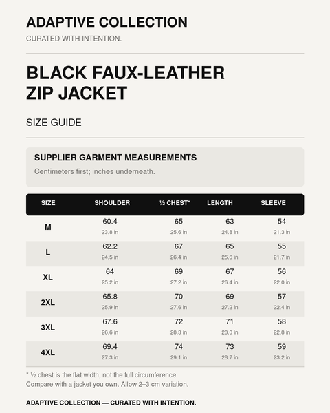 Black Faux-Leather Zip Jacket size guide with supplier garment measurements, M–4XL