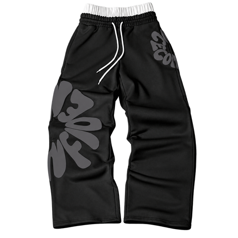 Black Bold Letter Graphic Straight-Leg Pants with tonal graphics, transparent background