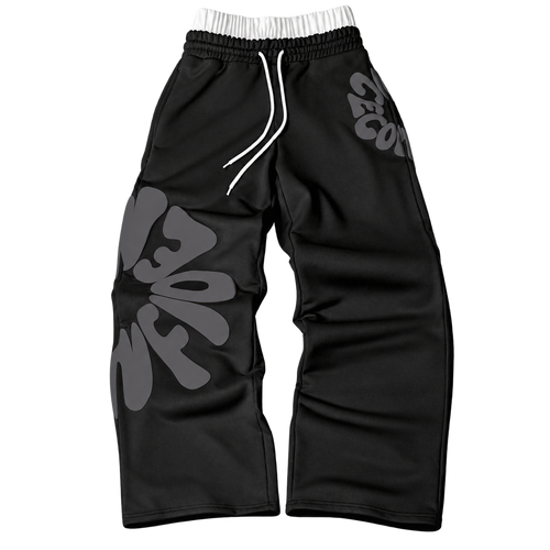 Black Bold Letter Graphic Straight-Leg Pants with tonal graphics, transparent background