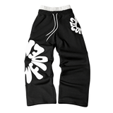 Black Bold Letter Graphic Straight-Leg Pants with white graphics, transparent background