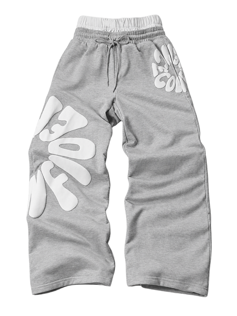 Heather Gray Bold Letter Graphic Straight-Leg Pants with white graphics, transparent background