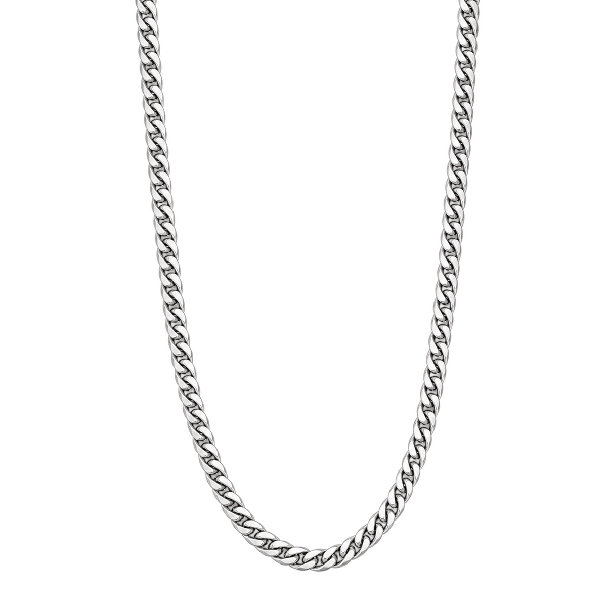Cuban link chain necklace, 6 mm silver hanging front view on transparent background