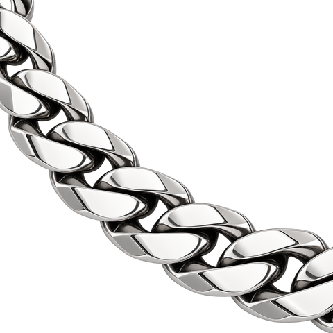 Cuban link chain necklace, 6 mm silver, polished link detail on transparent background