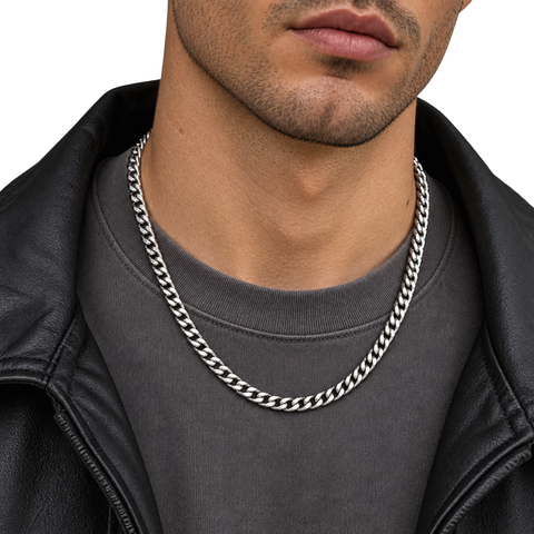 Cuban link chain necklace, 6 mm silver streetwear styling with charcoal tee and open black jacket