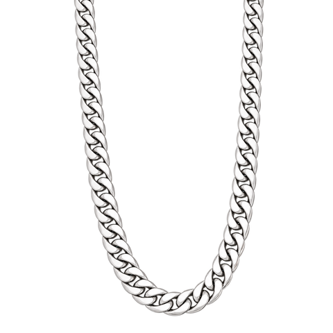Cuban link chain necklace, 8 mm silver hanging front view on transparent background
