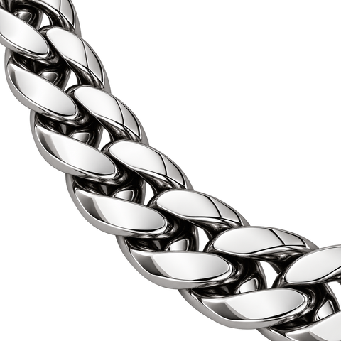 Cuban link chain necklace, 8 mm silver, polished link detail on transparent background