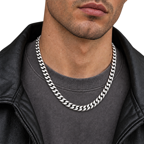 Cuban link chain necklace, 8 mm silver on-body streetwear styling with charcoal tee and black jacket