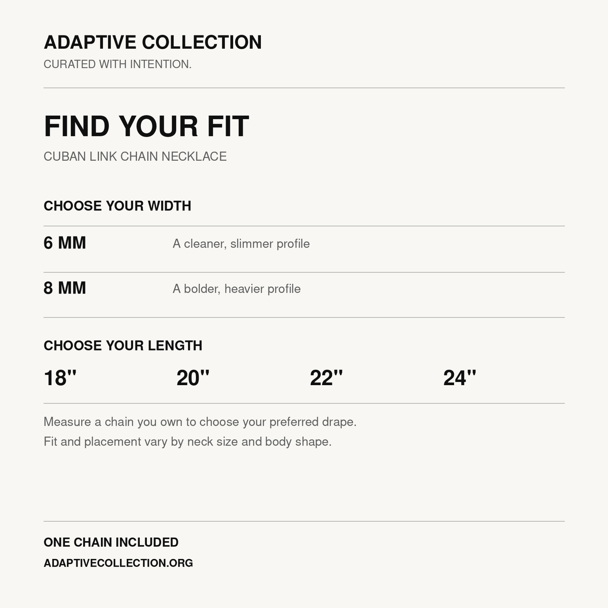 Adaptive Collection Cuban link chain size guide: 6 or 8 mm width and 18, 20, 22, or 24 inch length