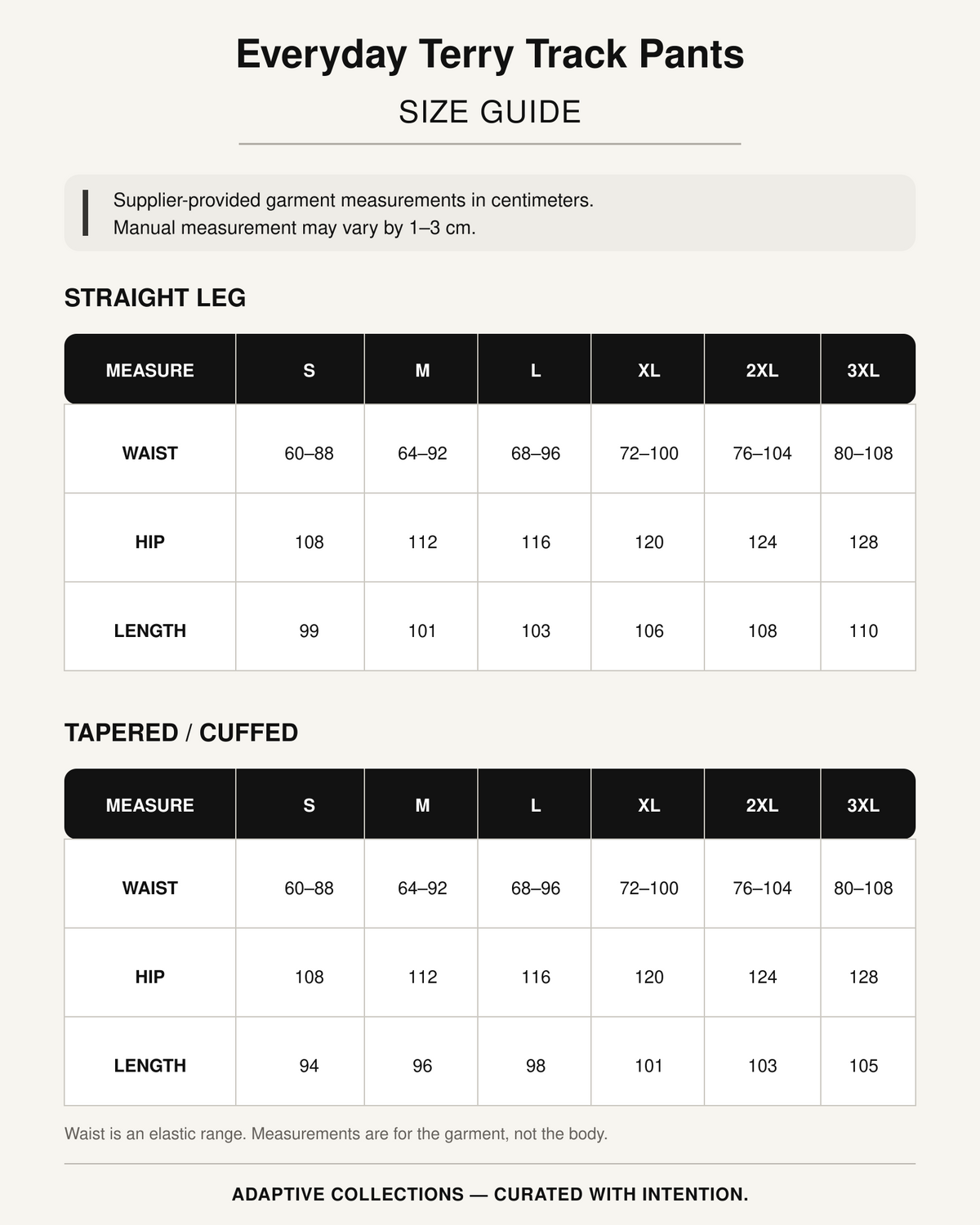 Everyday Terry Track Pants size guide