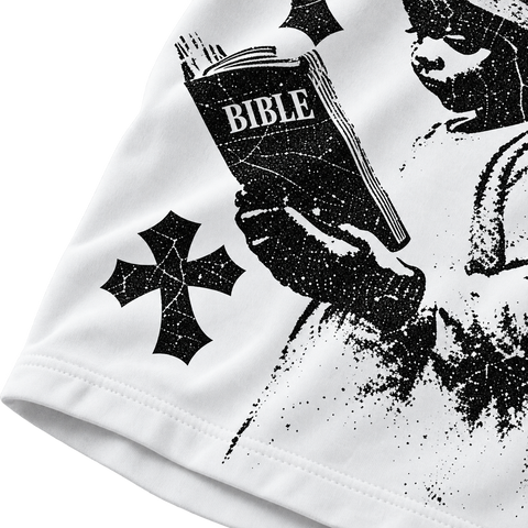God Bless Graphic Tee white — Bible graphic close-up