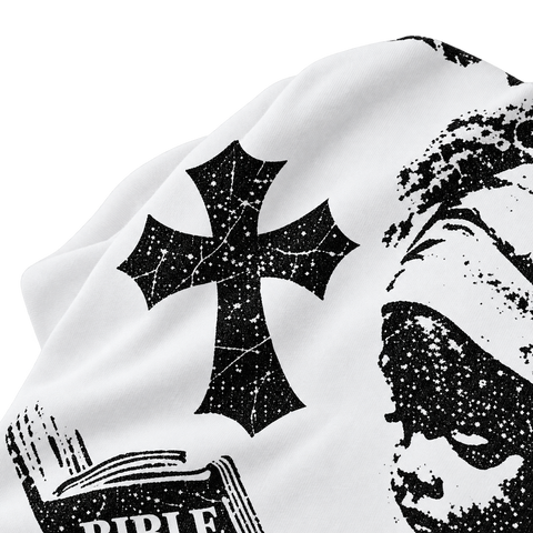 God Bless Graphic Tee white — cross graphic close-up