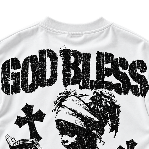 God Bless Graphic Tee white — GOD BLESS lettering close-up