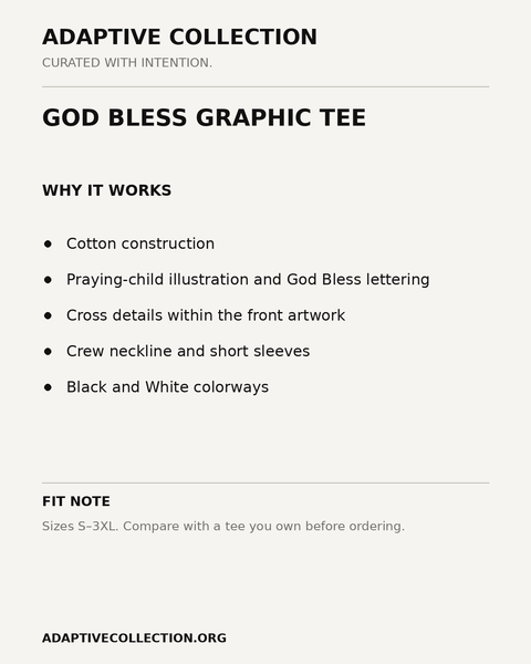 God Bless Graphic Tee — product details and fit card — shared across color variants