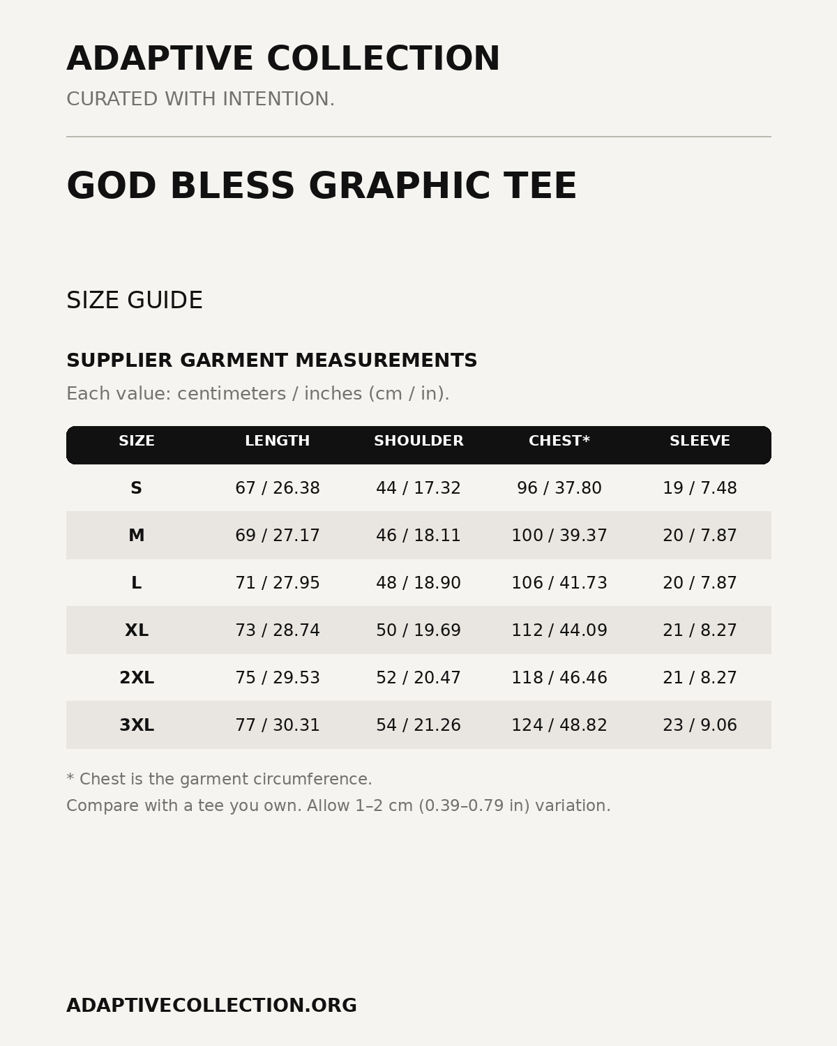 God Bless Graphic Tee — supplier size guide in centimeters and inches — shared across color variants
