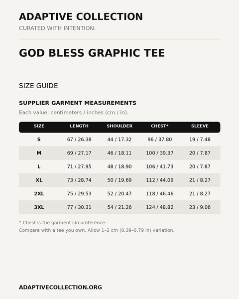 God Bless Graphic Tee — supplier size guide in centimeters and inches — shared across color variants