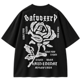Gothic Rose Oversized Graphic Tee Black colorway, full back view with large white gothic rose artwork