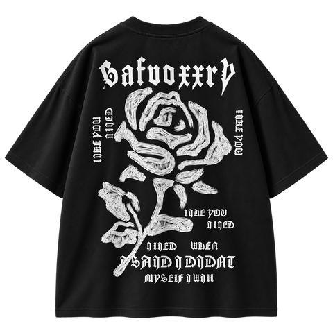 Gothic Rose Oversized Graphic Tee Black colorway, full back view with large white gothic rose artwork