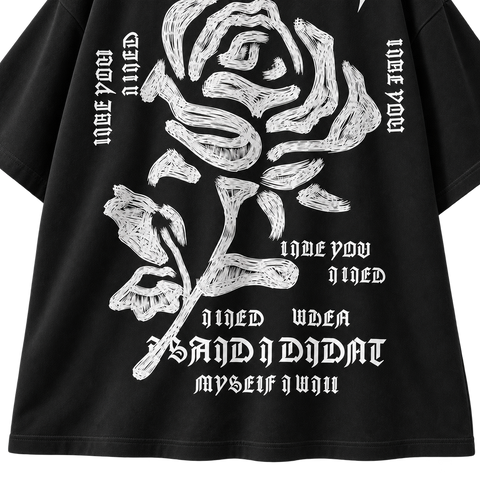 Gothic Rose Oversized Graphic Tee Black colorway, close-up of large white gothic rose back graphic and lettering