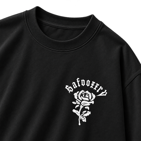 Gothic Rose Oversized Graphic Tee Black colorway, close-up of collar and white rose chest graphic