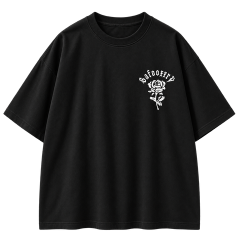 Gothic Rose Oversized Graphic Tee Black colorway, full front view with small white rose chest print