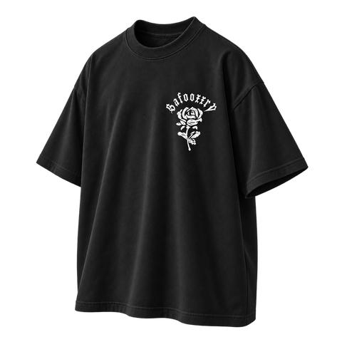Gothic Rose Oversized Graphic Tee Black colorway, three-quarter front view with white rose chest print