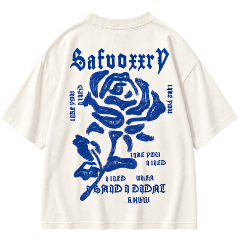 Gothic Rose Oversized Graphic Tee white colorway, full back view with blue gothic rose graphic