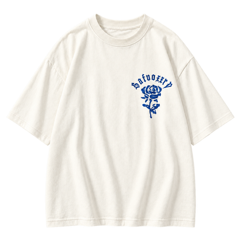 Gothic Rose Oversized Graphic Tee white colorway, full front view with small blue rose chest print