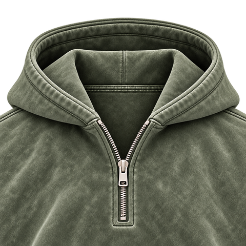 Army Green — hood and half-zip detail — Washed Half-Zip Oversized Hoodie