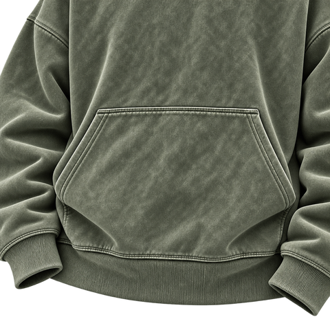 Army Green — kangaroo pocket detail — Washed Half-Zip Oversized Hoodie