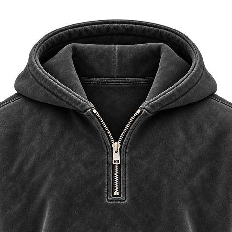 Black — hood and half-zip detail — Washed Half-Zip Oversized Hoodie