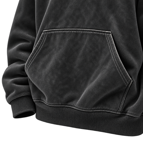 Black — kangaroo pocket detail — Washed Half-Zip Oversized Hoodie