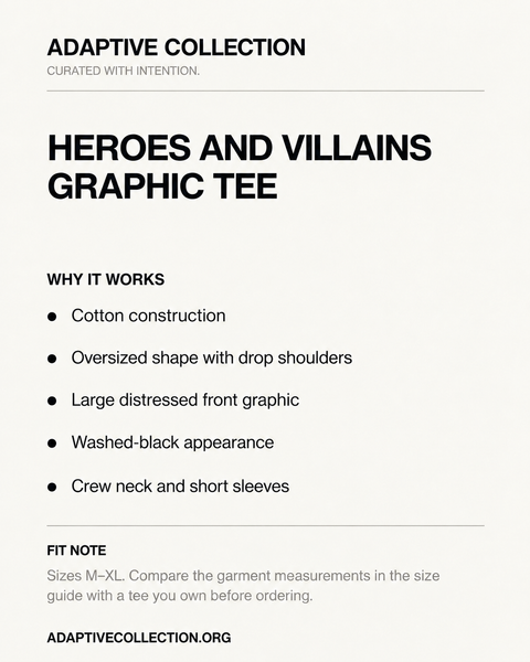 Heroes and Villains Graphic Tee product details and fit card — shared across all color variants