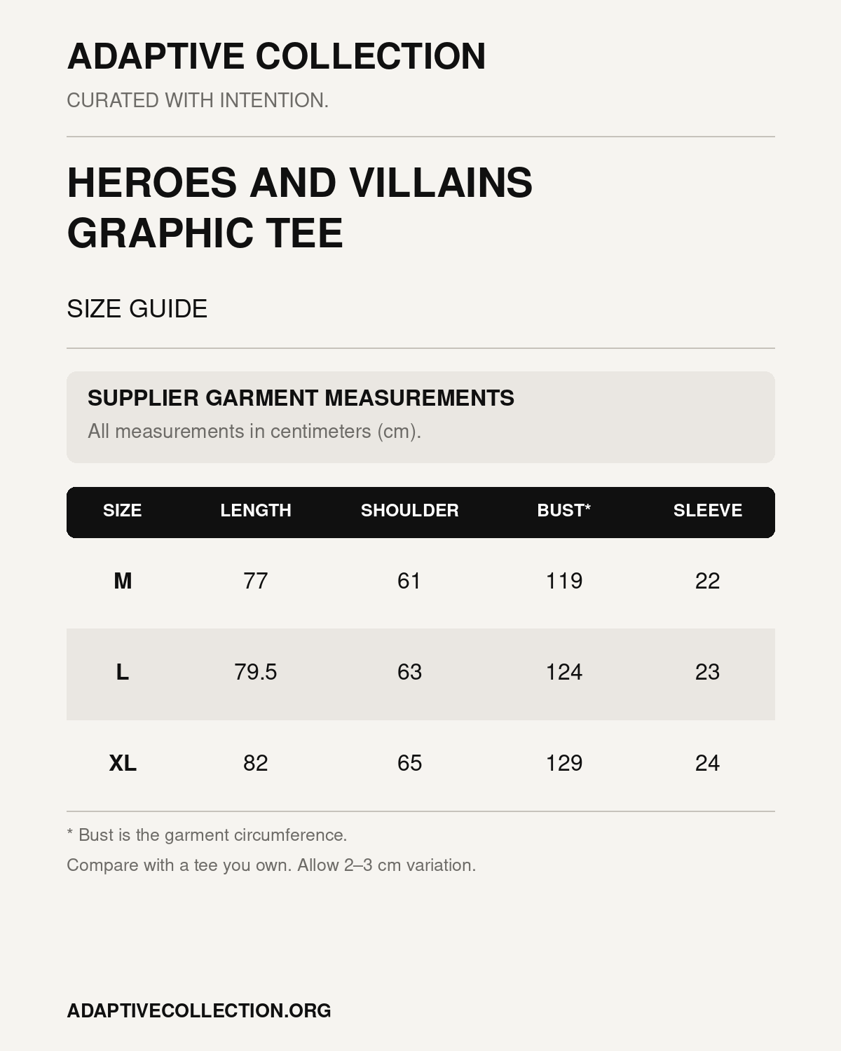 Heroes and Villains Graphic Tee size guide — supplier garment measurements in centimeters — shared across all color variants
