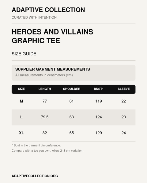 Heroes and Villains Graphic Tee size guide — supplier garment measurements in centimeters — shared across all color variants