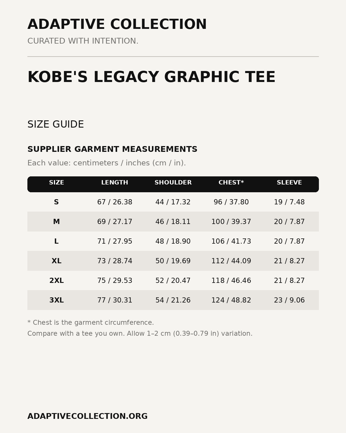 Kobe's Legacy Graphic Tee — supplier size guide in centimeters and inches — shared across color variants