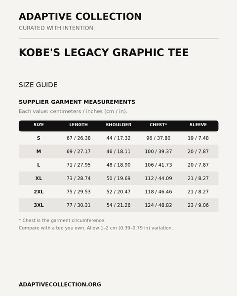 Kobe's Legacy Graphic Tee — supplier size guide in centimeters and inches — shared across color variants