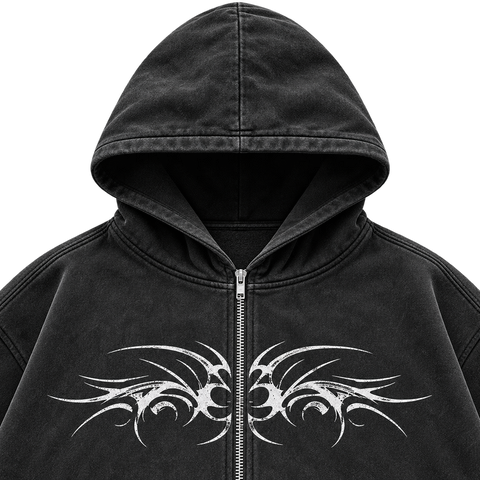 Metal Washed Zip Hoodie - Black - Hood and Chest Detail