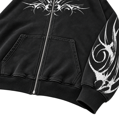 Metal Washed Zip Hoodie - Black - Lower Front Detail
