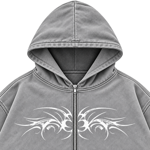 Metal Washed Zip Hoodie - Washed Gray - Hood and Chest Detail