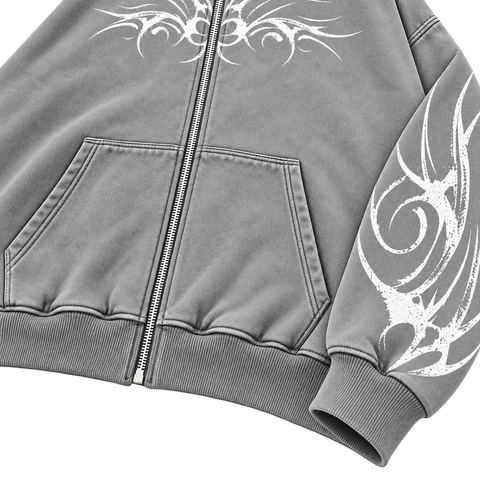 Metal Washed Zip Hoodie - Washed Gray - Lower Front Detail