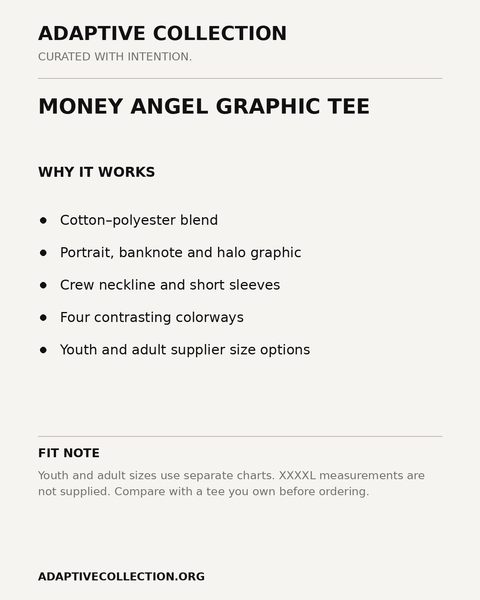 Money Angel Graphic Tee — product details and fit card — shared across color variants